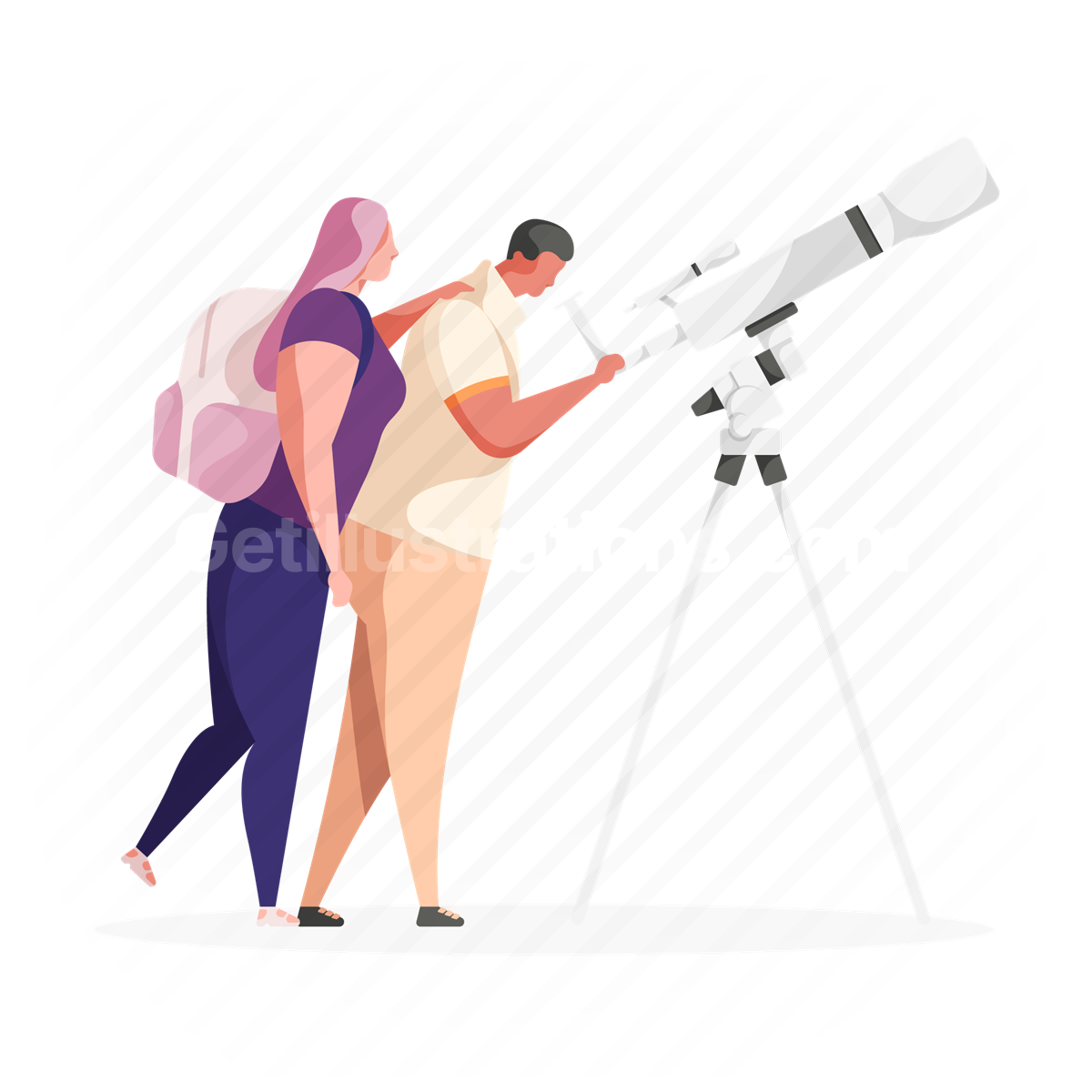 man, woman, telescope, backpack